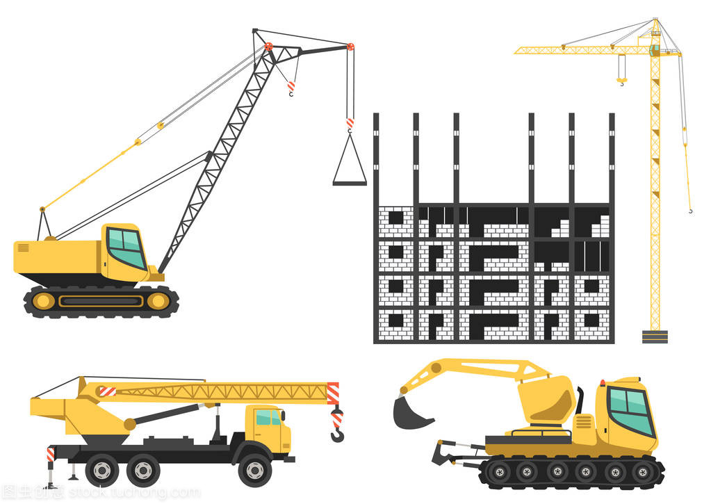 建筑起重機和工程施工現場的機械。顏色矢量圖標集